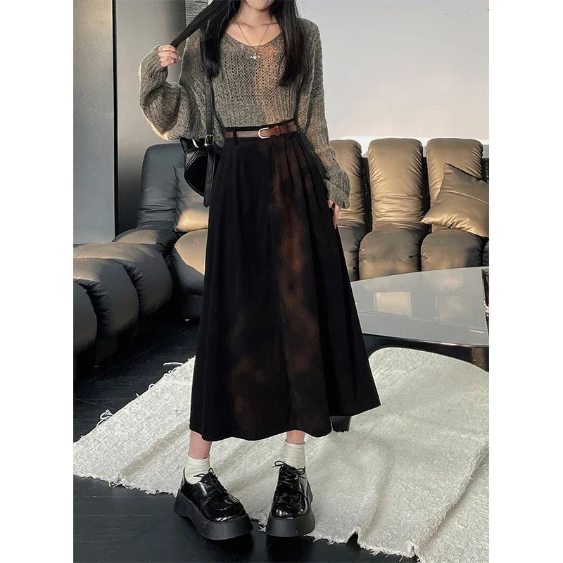 Women's Midi Skirt, High Waist Pleated A-Line with Belt