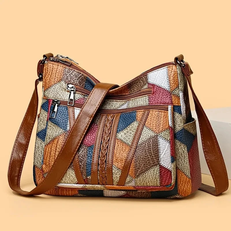 Women's Leather Shoulder Bag, Boho Patchwork Crossbody Hobo