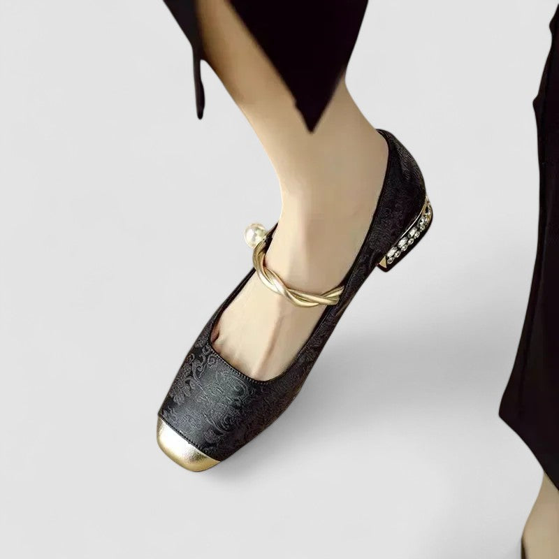 CAMILLE | SATIN MARY JANES WITH JEWELED HEEL