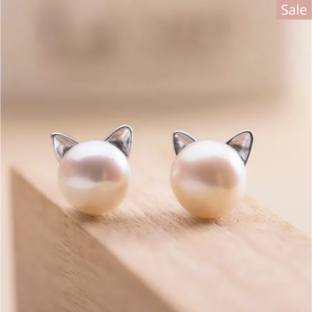 Sterling Silver Cat Pearl Stud Earrings