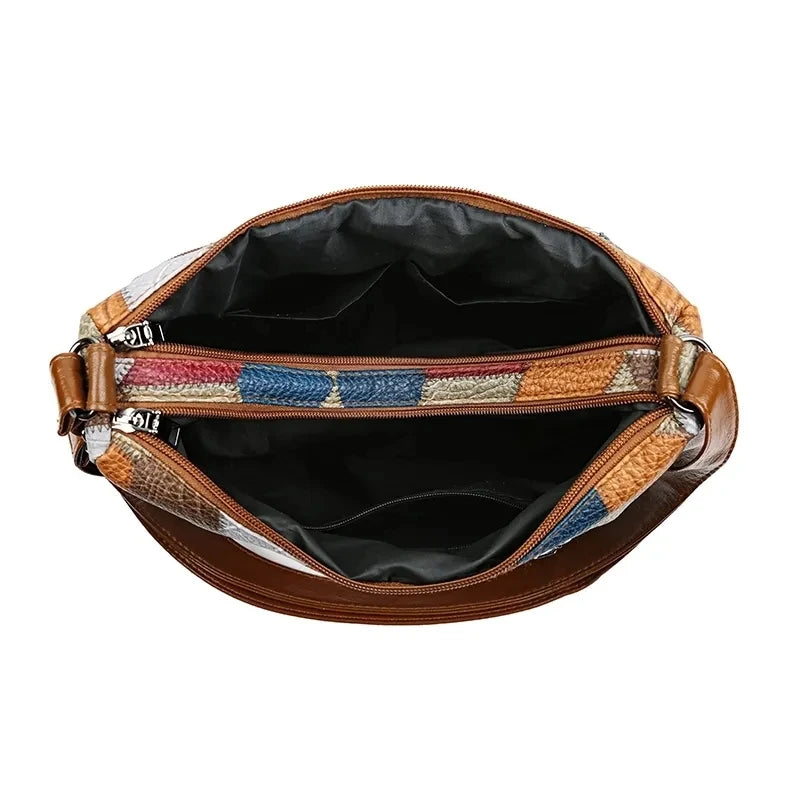 Women's Leather Shoulder Bag, Boho Patchwork Crossbody Hobo