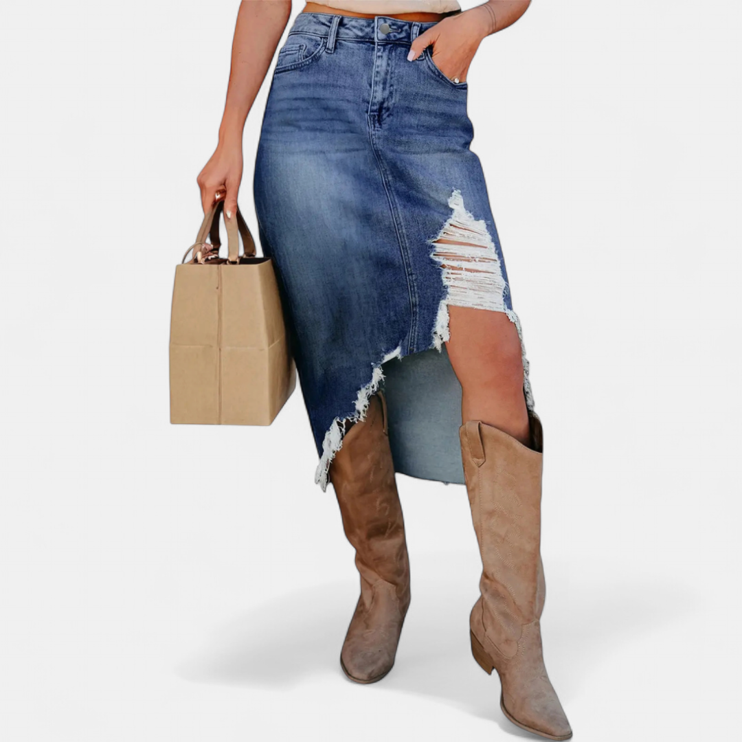 Women's Midi Skirt, Distressed Ripped Raw Frayed Hem