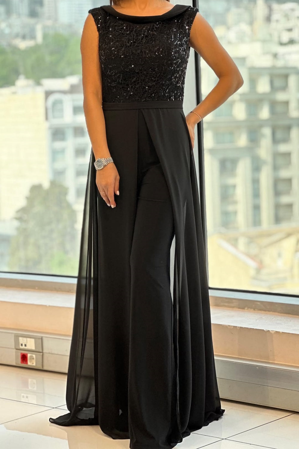 Women's Tulle Panel Jumpsuit, Crew Neck Back Zip