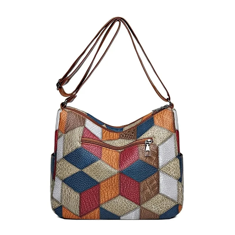 Women's Leather Shoulder Bag, Boho Patchwork Crossbody Hobo