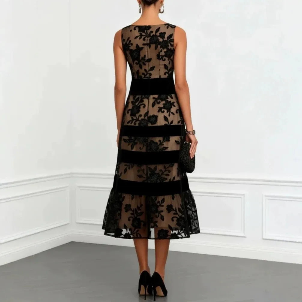 Bella - Elegant Black Lace Midi A-Line Dress