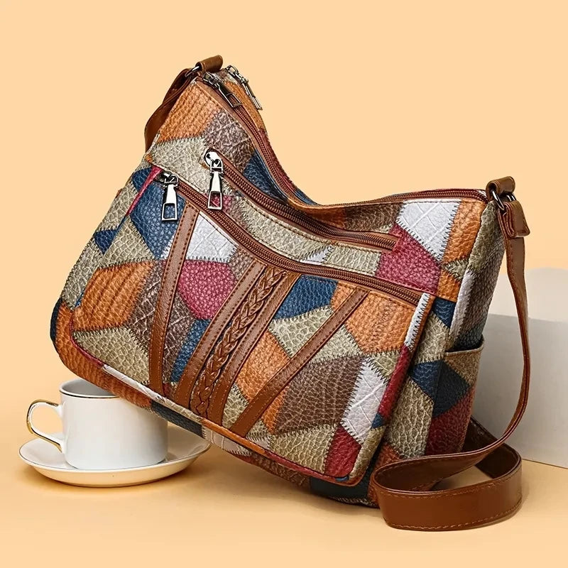 Women's Leather Shoulder Bag, Boho Patchwork Crossbody Hobo