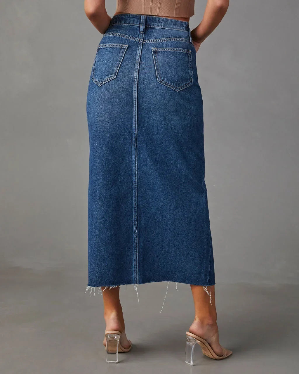 Women's Midi Skirt with Front Slit, High Waist Raw Hem