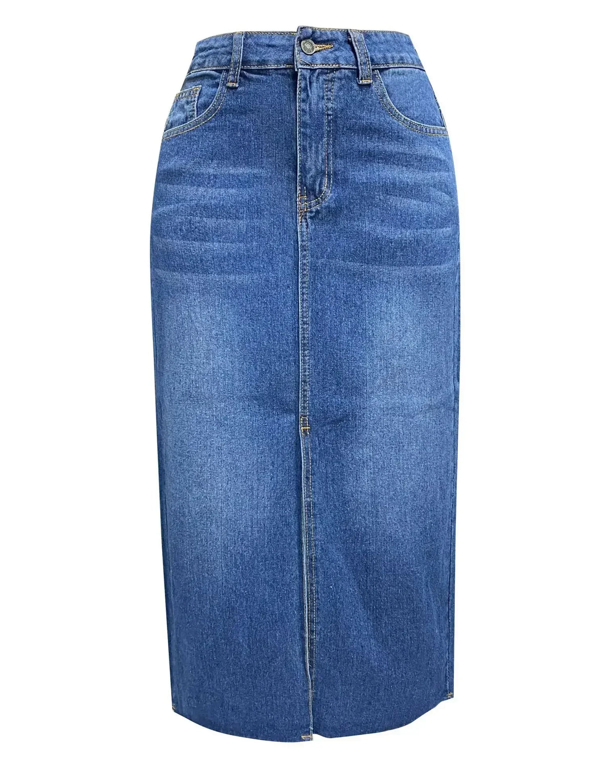 Women's Midi Skirt with Front Slit, High Waist Raw Hem