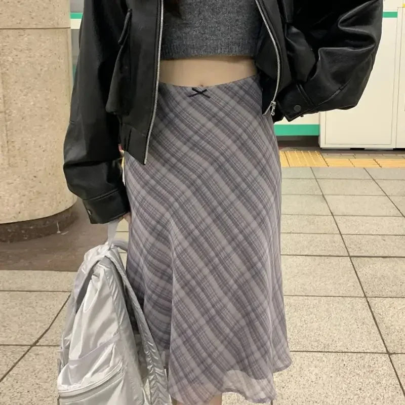 Women's Midi Skirt, High Waist Plaid A-Line Bow Detail