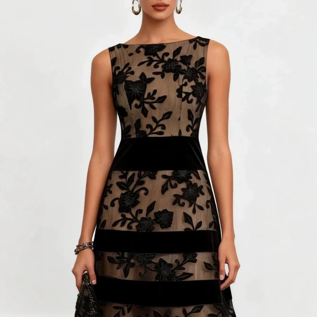 Bella - Elegant Black Lace Midi A-Line Dress