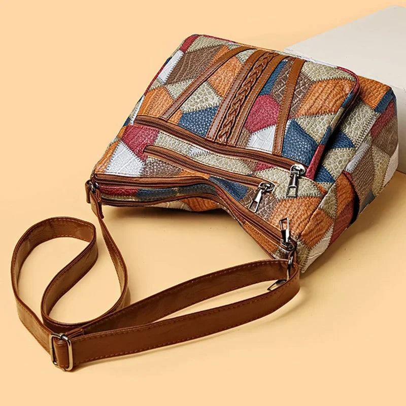 Women's Leather Shoulder Bag, Boho Patchwork Crossbody Hobo