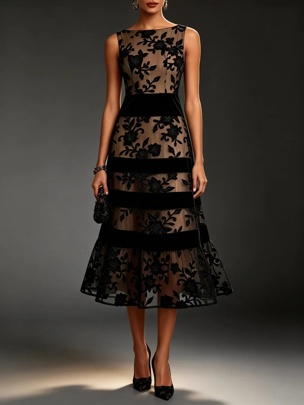 Bella - Elegant Black Lace Midi A-Line Dress