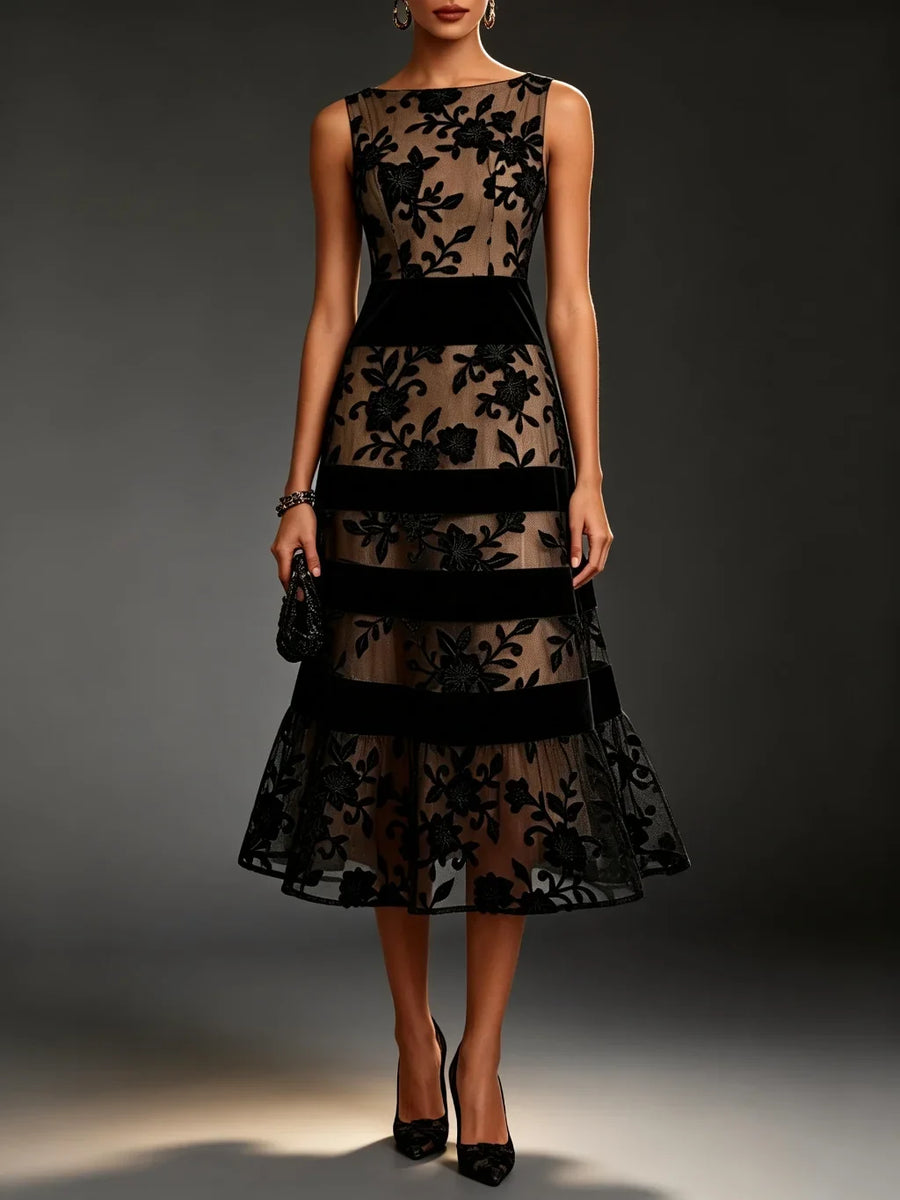 Bella - Elegant Black Lace Midi A-Line Dress