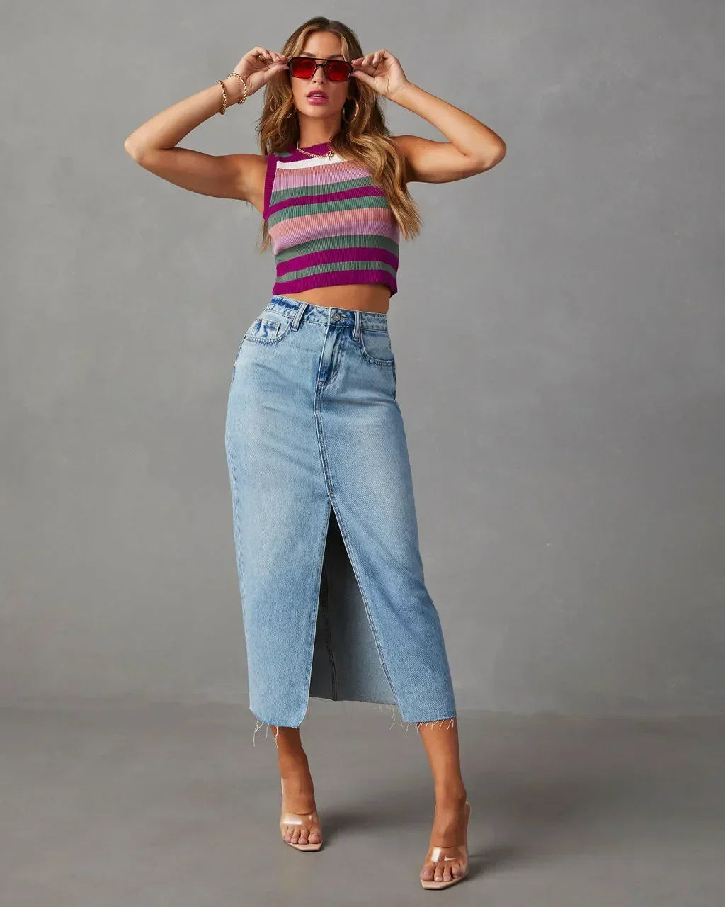 Women's Midi Skirt with Front Slit, High Waist Raw Hem