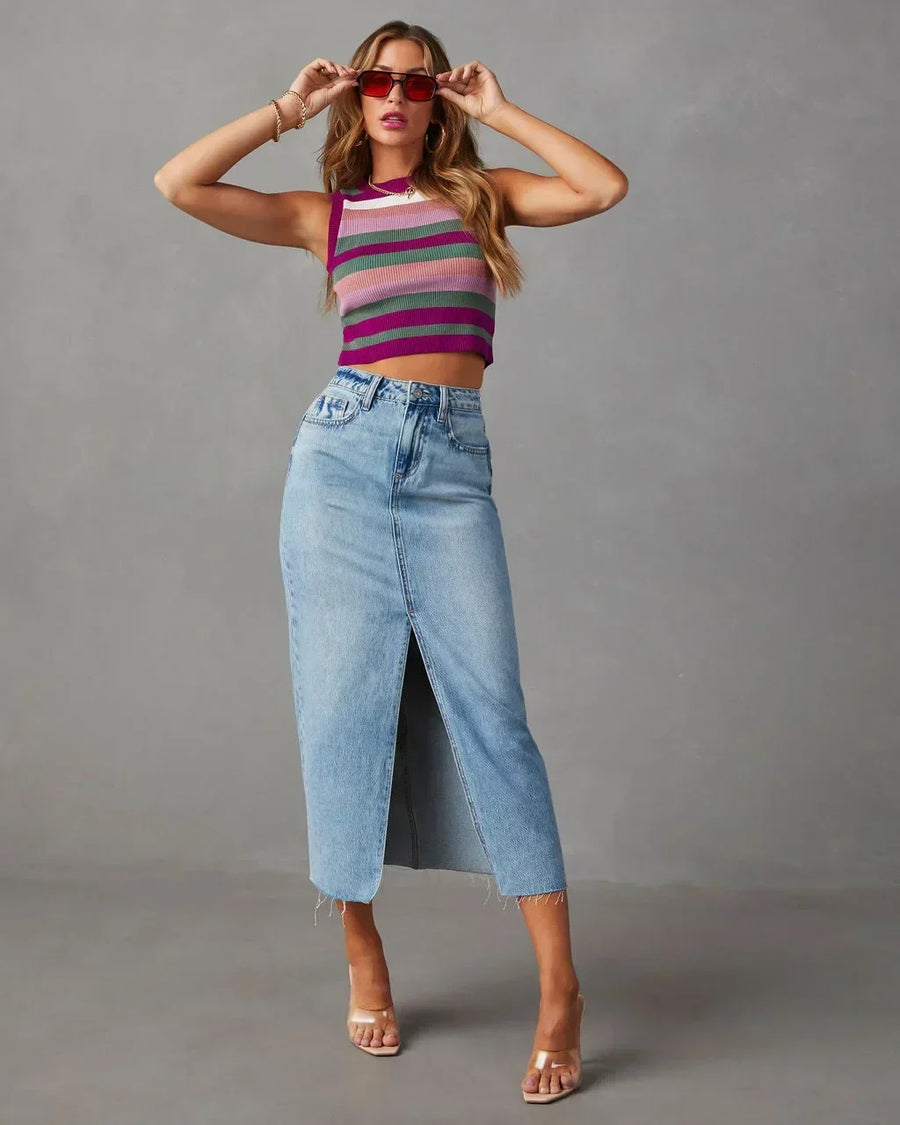 Women's Midi Skirt with Front Slit, High Waist Raw Hem