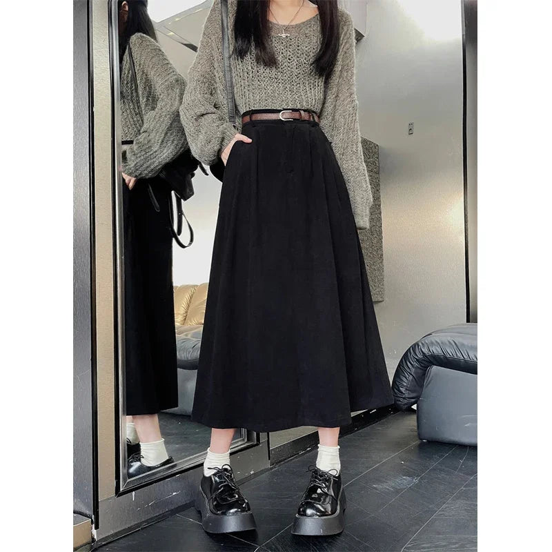 Women's Midi Skirt, High Waist Pleated A-Line with Belt