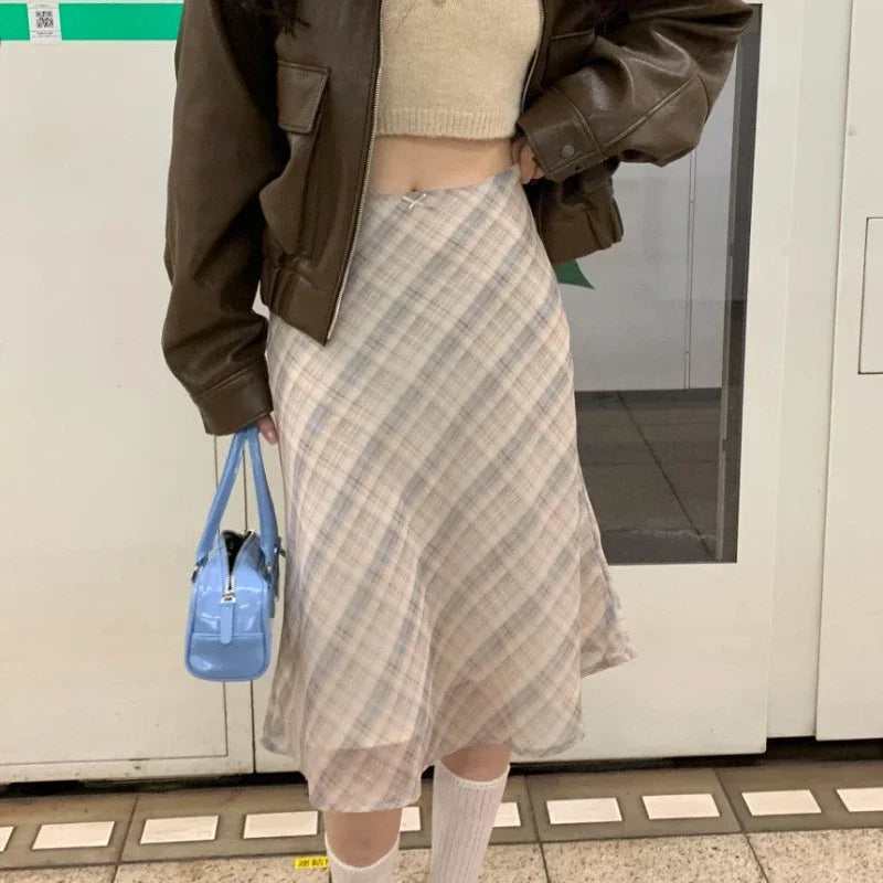 Women's Midi Skirt, High Waist Plaid A-Line Bow Detail