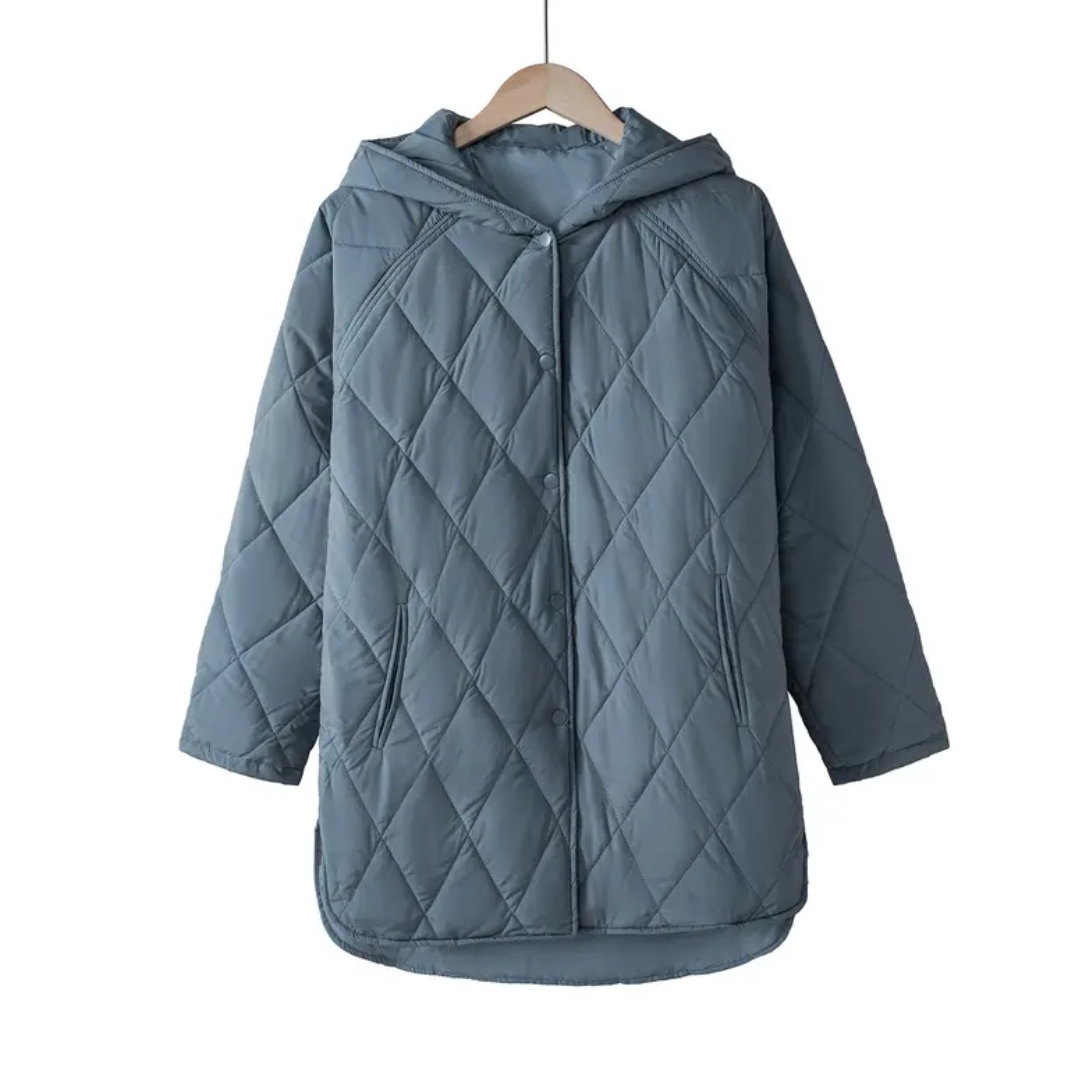Women's Puffer Jacket, Longline Hooded Diamond Quilted