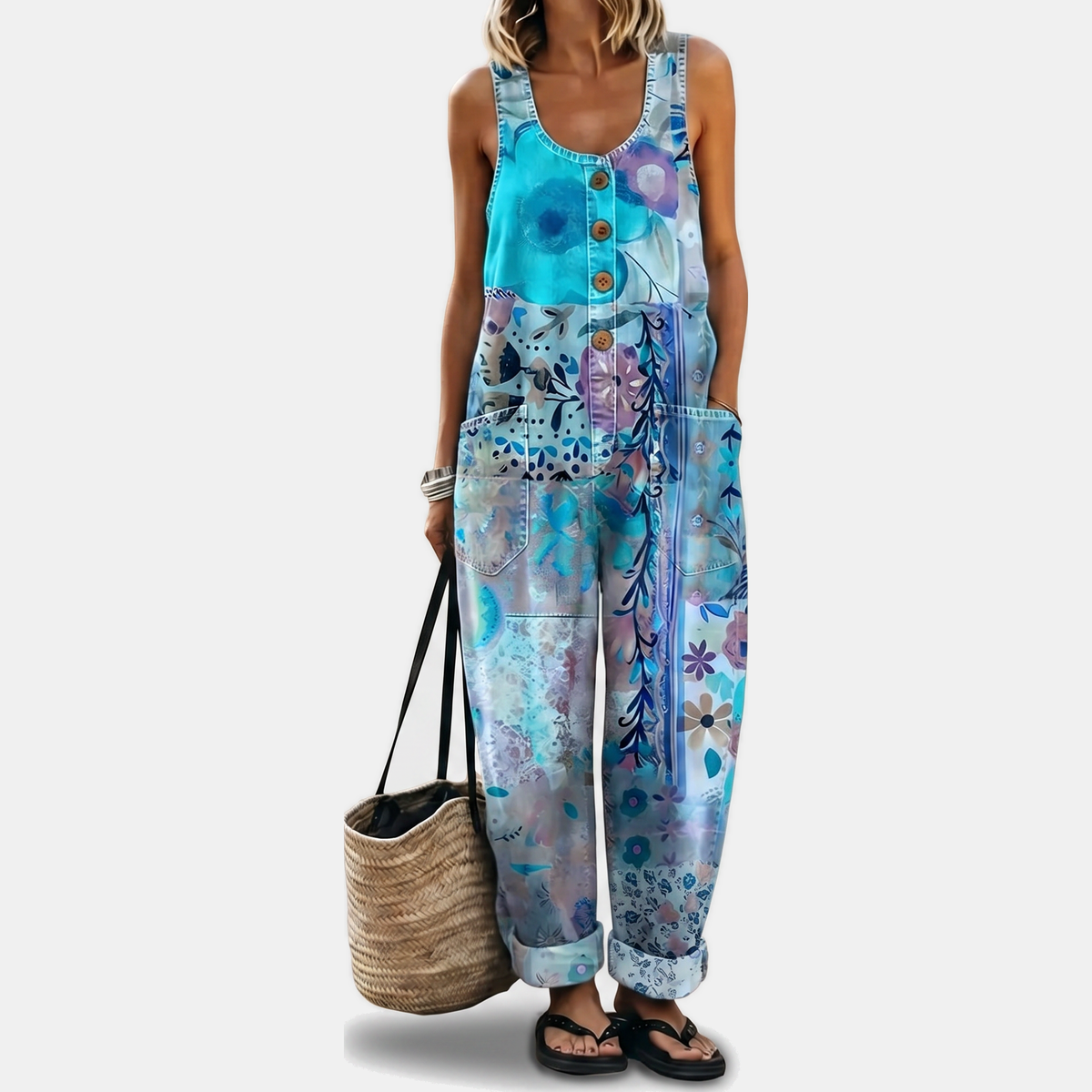 Women's Strapless Jumpsuit, Wide Leg Button Front