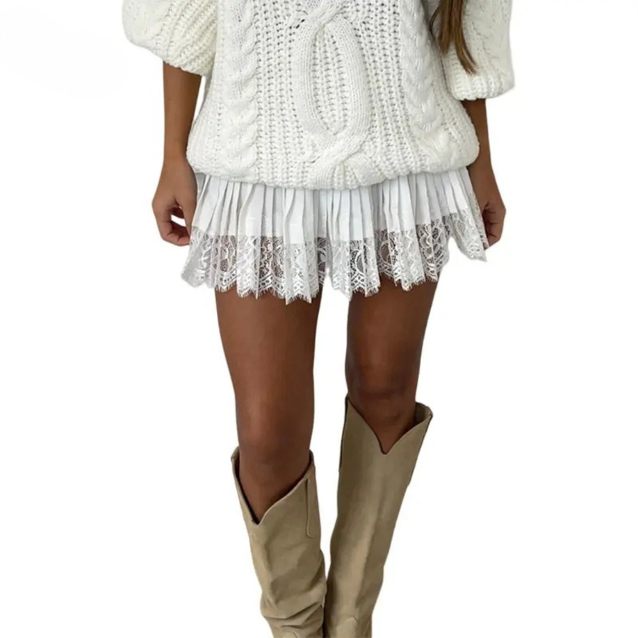 Women's Mini Skirt, Scalloped Lace Hem Pleated A-Line Party