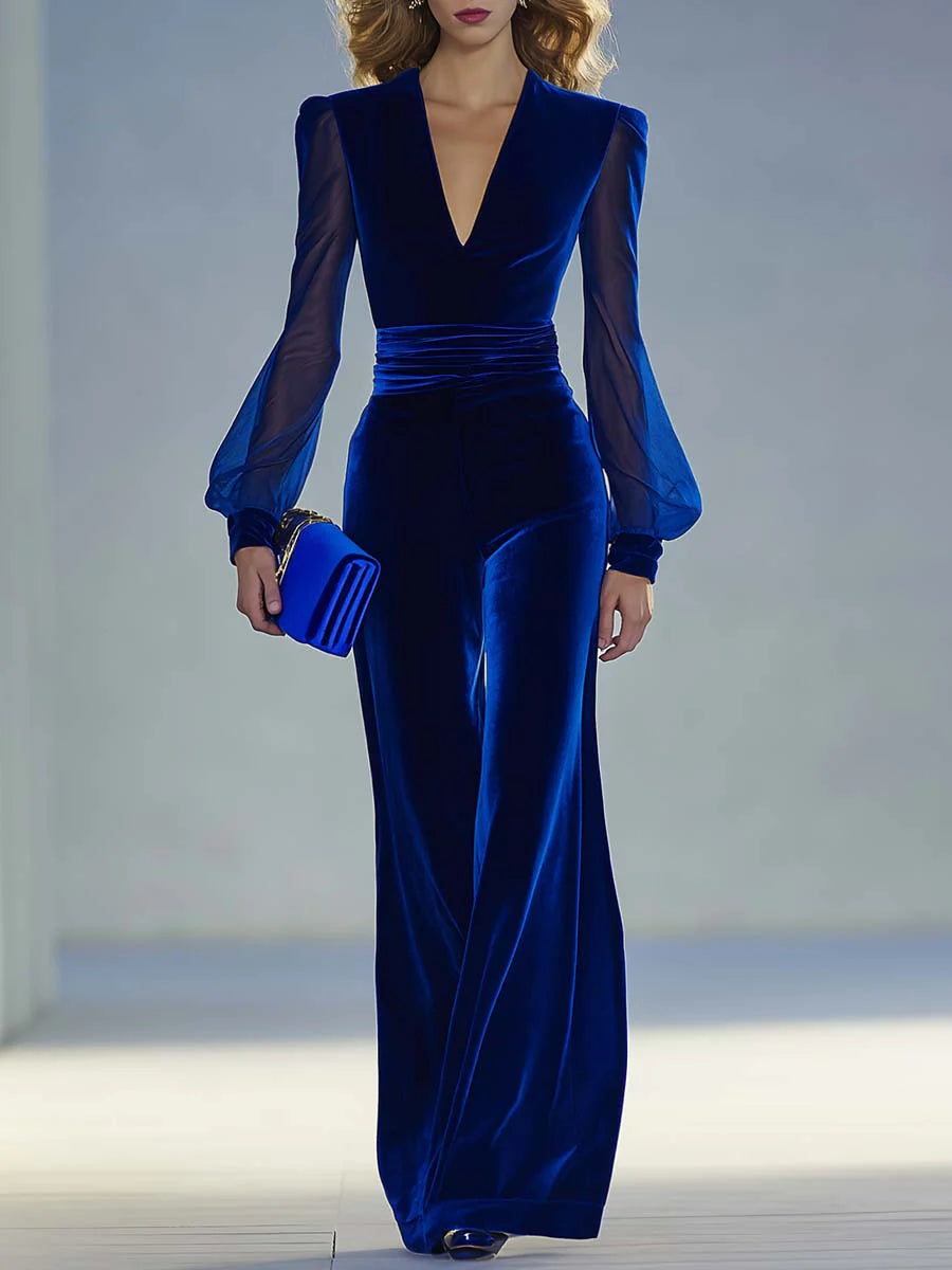 Women's Velvet V-Neck Jumpsuit, Sheer Mesh Sleeves