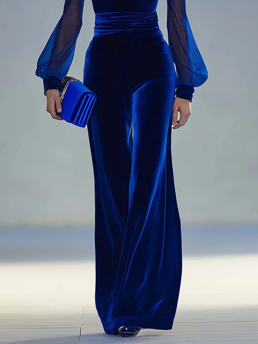 Women's Velvet V-Neck Jumpsuit, Sheer Mesh Sleeves