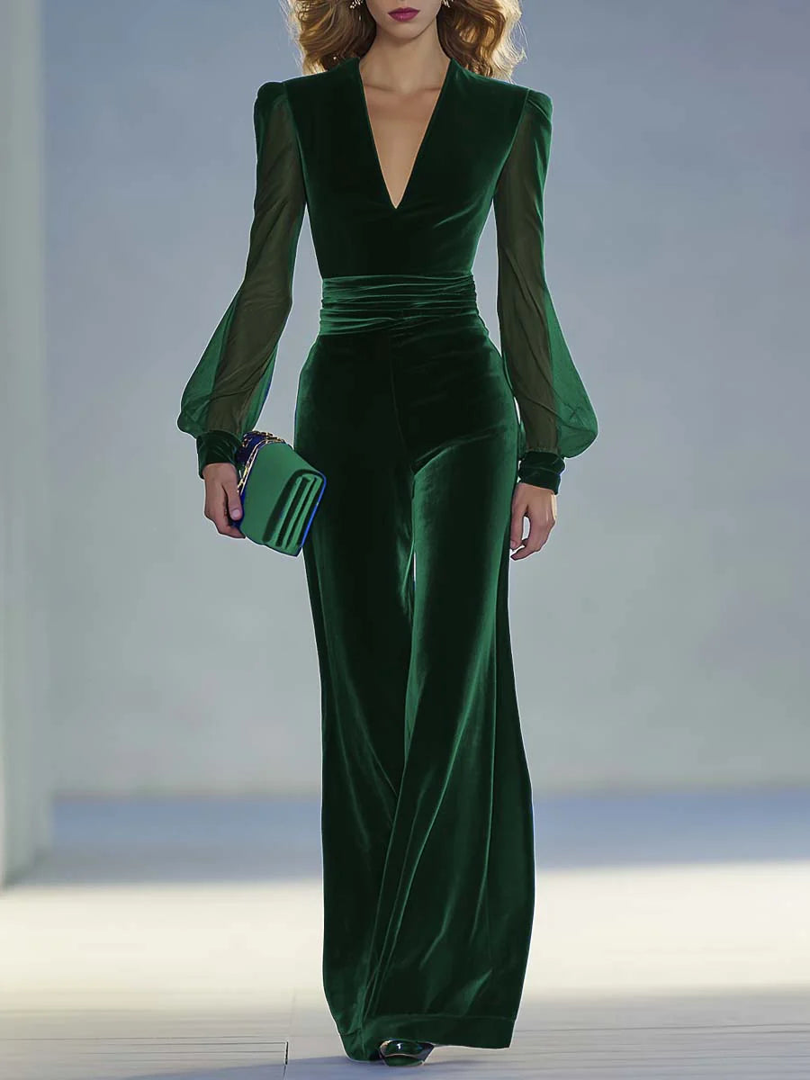 Women's Velvet V-Neck Jumpsuit, Sheer Mesh Sleeves