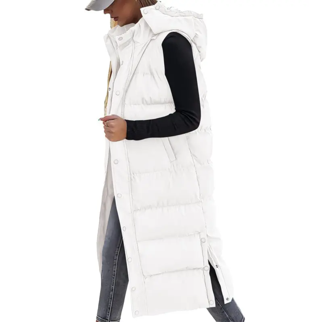 Women's Long Puffer Vest, Hooded Longline Sleeveless Gilet