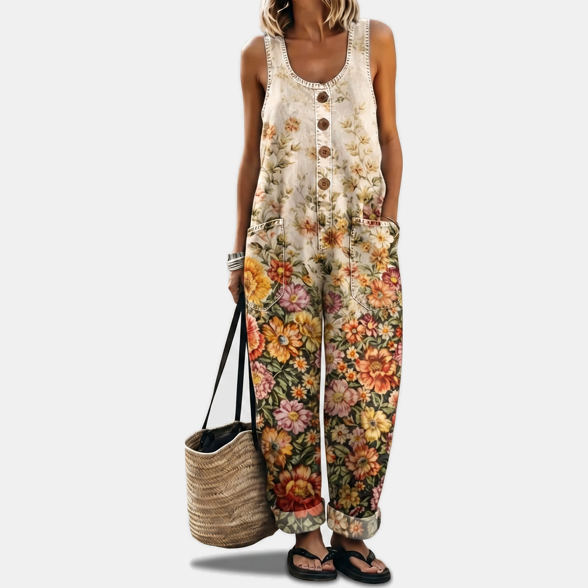 Women's Strapless Jumpsuit, Wide Leg Button Front