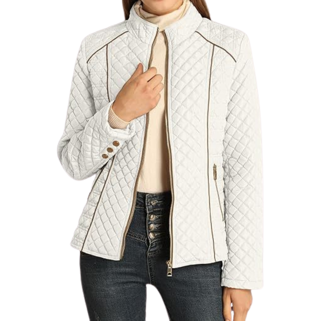 Women's Puffer Jacket, Diamond Quilt Stand Collar Zip Pockets
