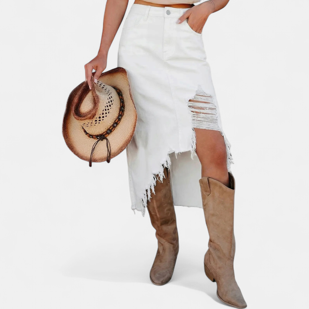 Women's Midi Skirt, Distressed Ripped Raw Frayed Hem