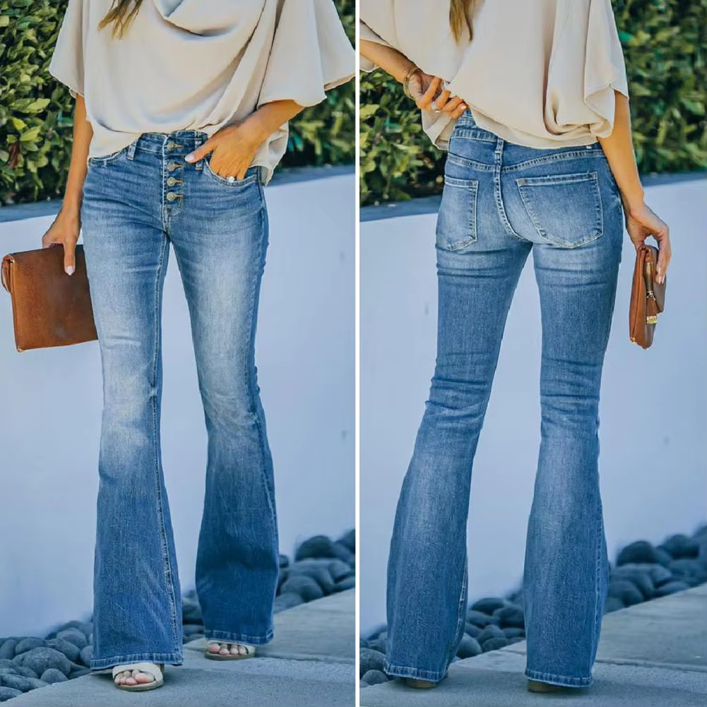 Women's Flare Jeans, High Waist Button Fly Retro 70s