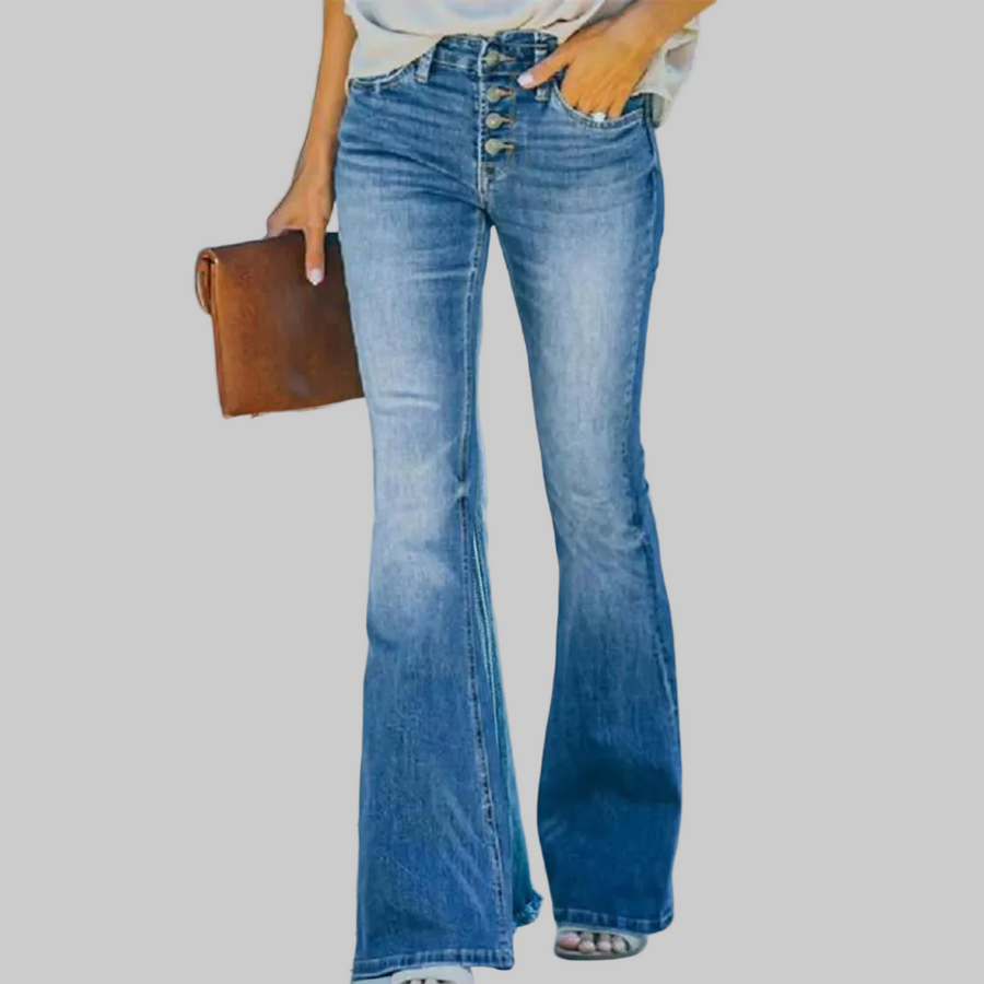 Women's Flare Jeans, High Waist Button Fly Retro 70s