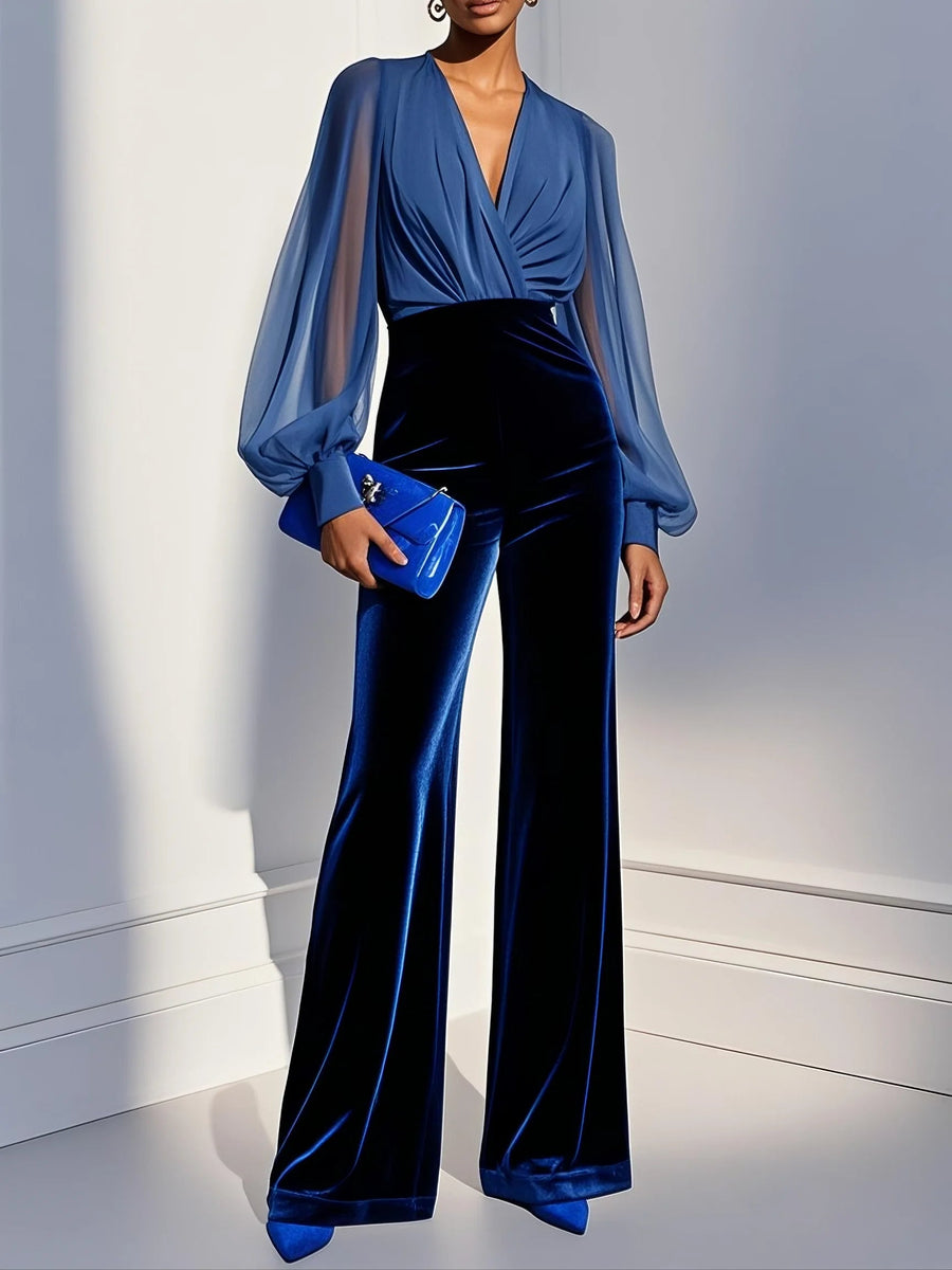 Women's Velvet V-Neck Jumpsuit, Mesh Sleeves Blue