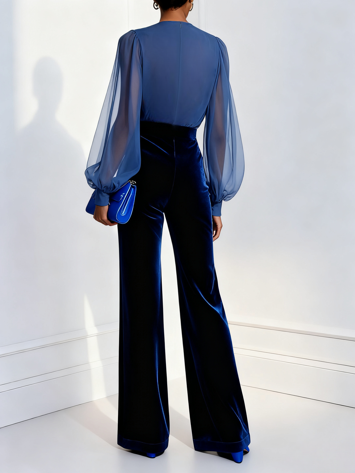 Women's Velvet V-Neck Jumpsuit, Mesh Sleeves Blue