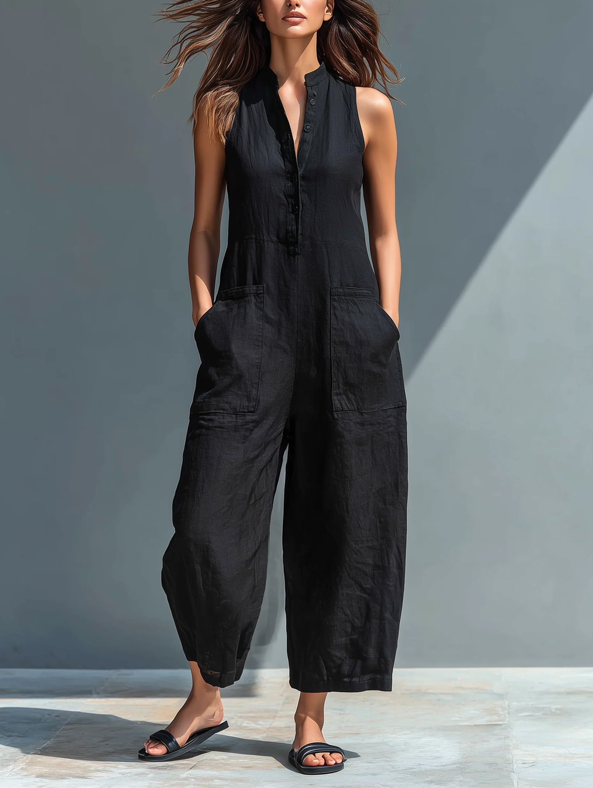 Women's Button Front Linen-Blend Jumpsuit, Sleeveless