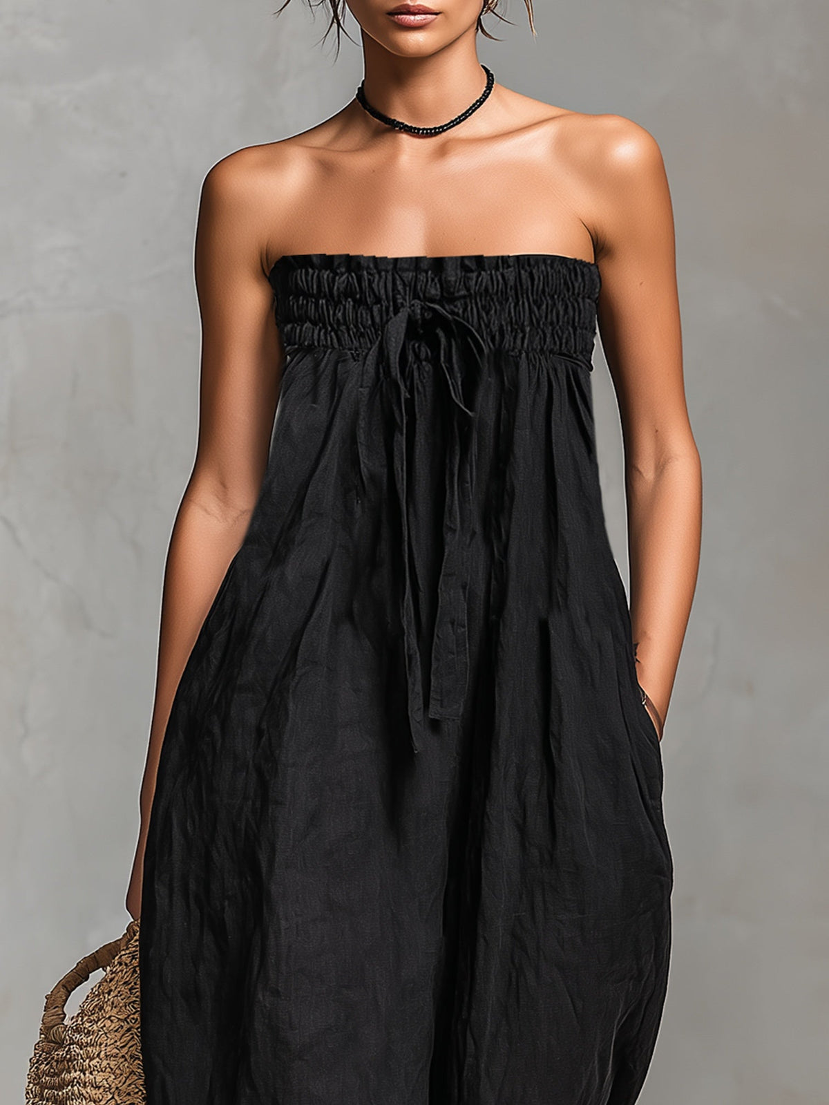 Women's Strapless Linen-Blend Jumpsuit, Tie Front Wide Leg