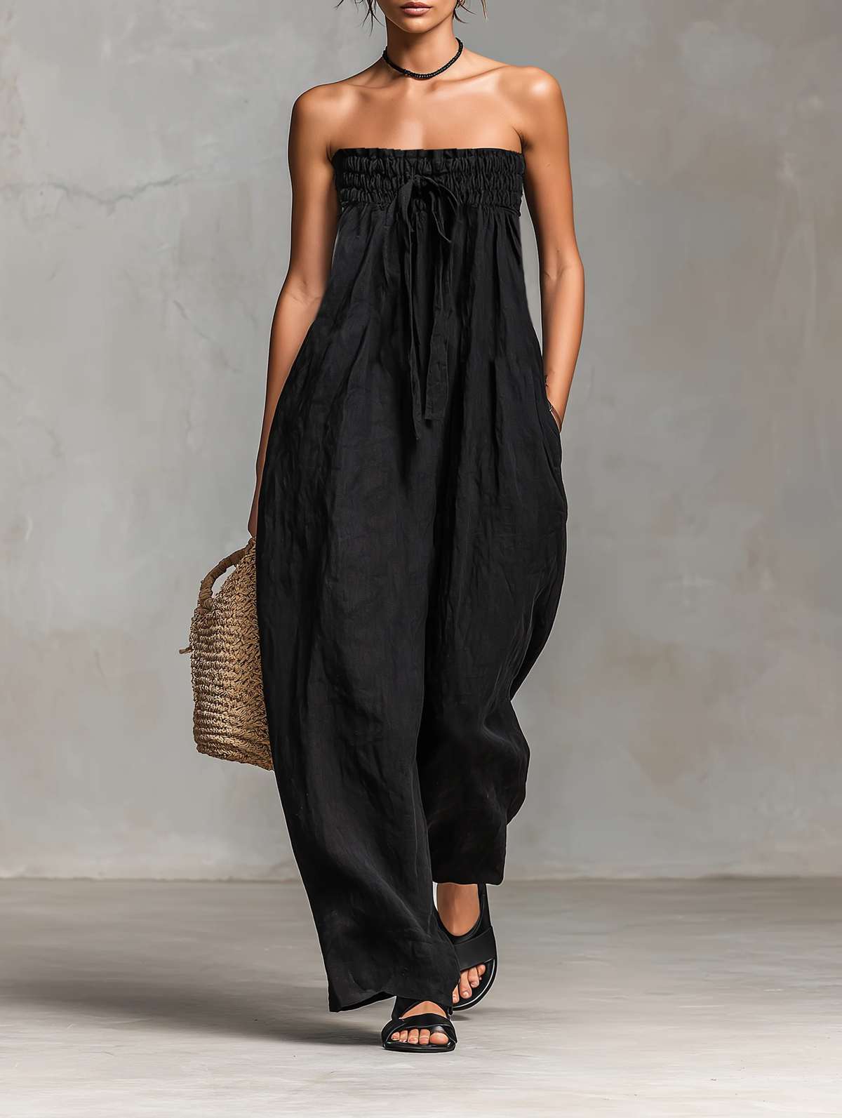 Women's Strapless Linen-Blend Jumpsuit, Tie Front Wide Leg