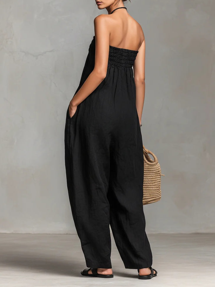 Women's Strapless Linen-Blend Jumpsuit, Tie Front Wide Leg
