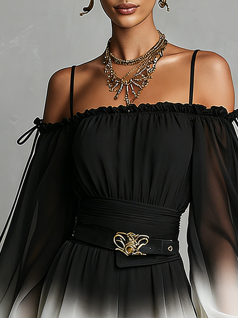 Women's Ombre Chiffon Off-Shoulder Jumpsuit with Belt