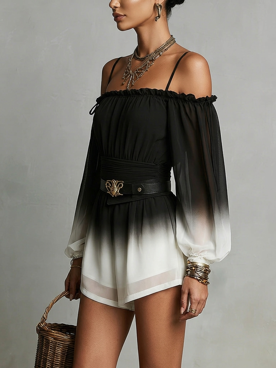 Women's Ombre Chiffon Off-Shoulder Jumpsuit with Belt