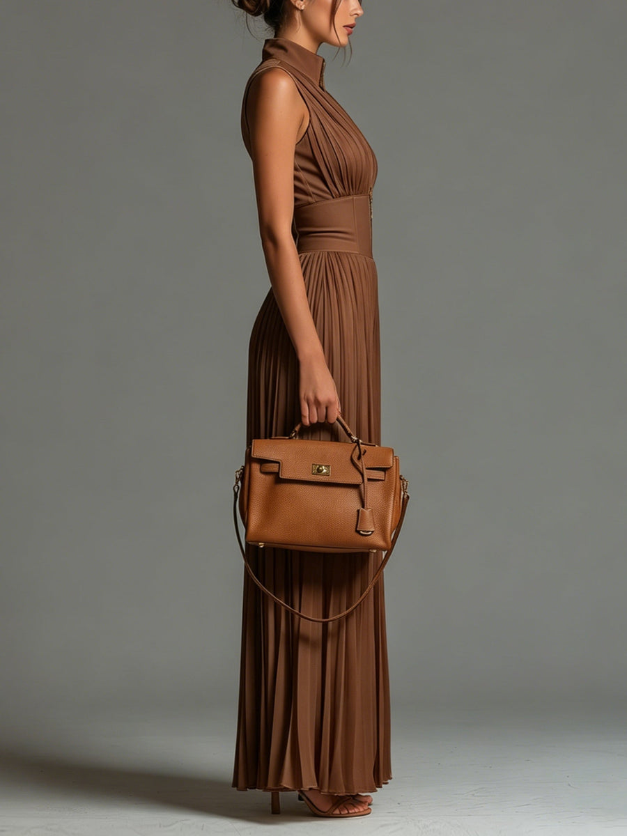 Women's Pleated Chiffon Wide Leg Jumpsuit, V-Neck Zip Front