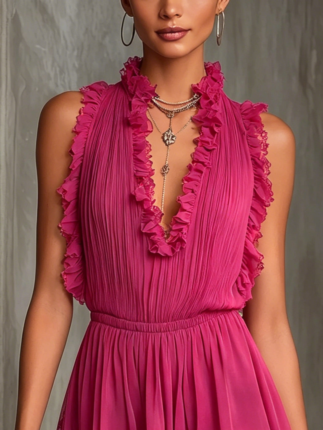 Women's Ruffle Chiffon Romper, Lace Trim V-Neck