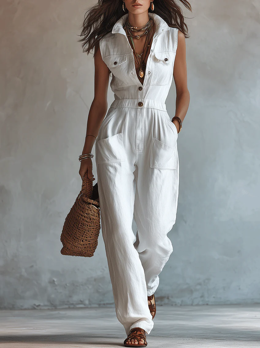 Women's Sleeveless Cotton-Linen Jumpsuit, Cargo Pockets