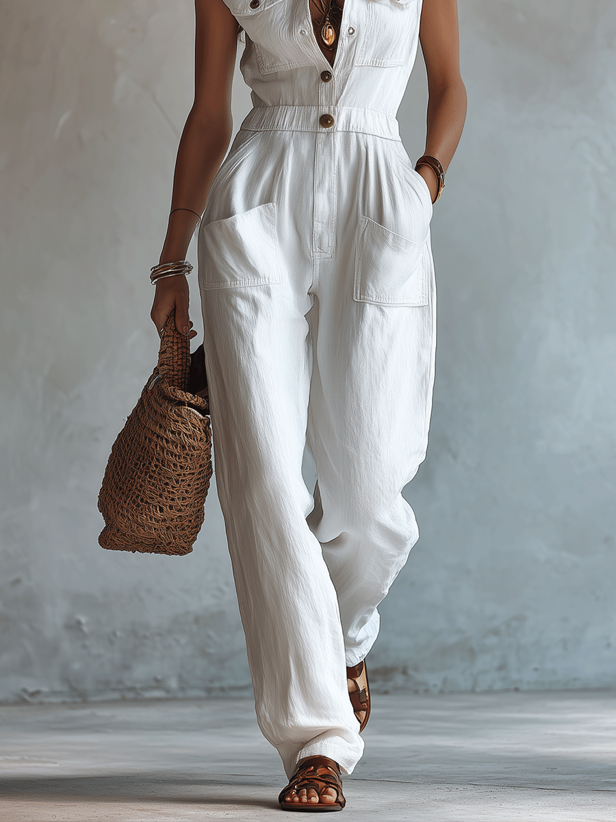 Women's Sleeveless Cotton-Linen Jumpsuit, Cargo Pockets