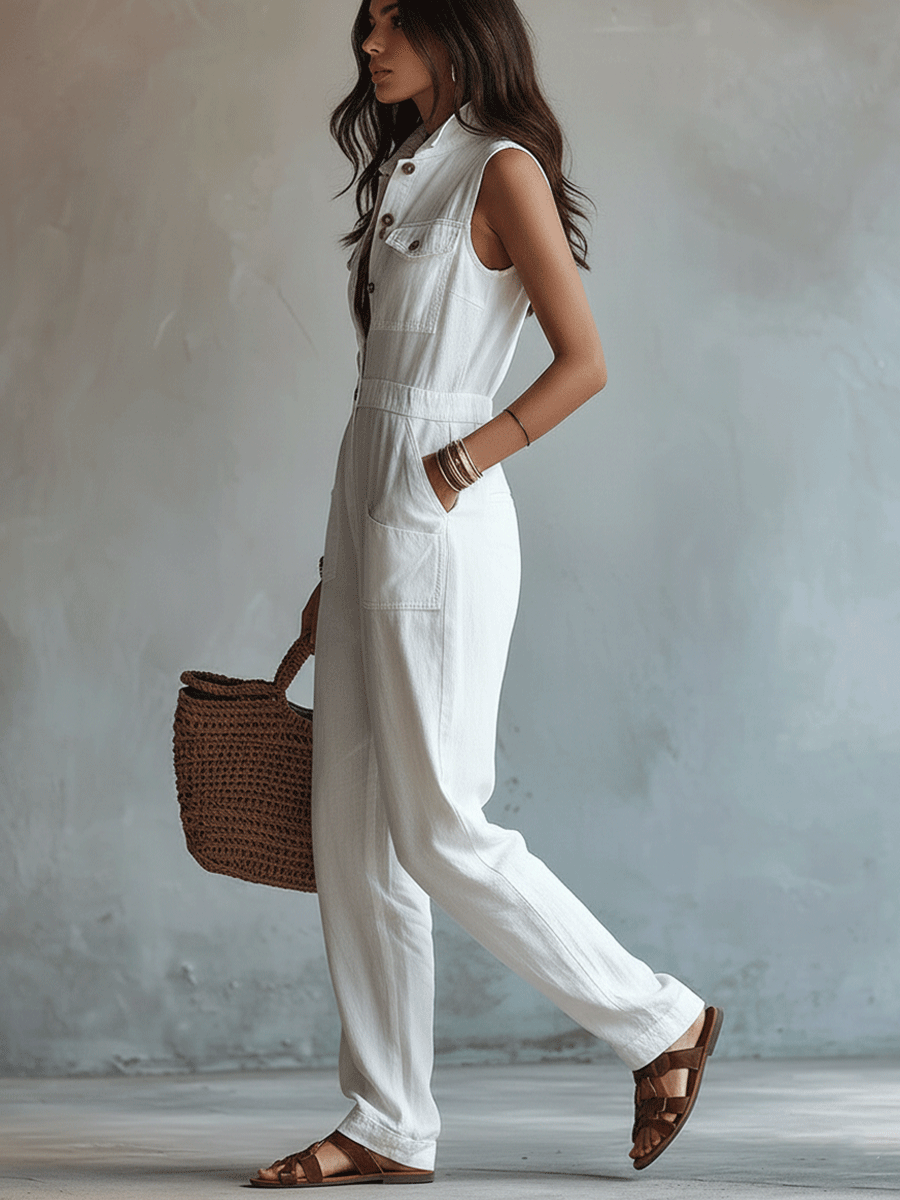 Women's Sleeveless Cotton-Linen Jumpsuit, Cargo Pockets
