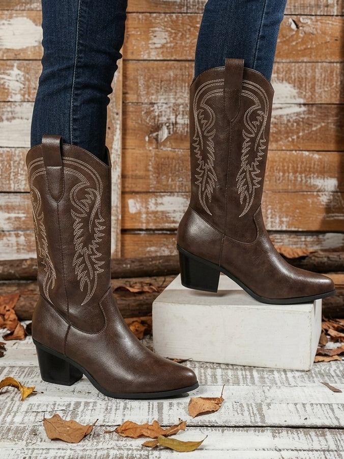 Women's Western Riding Boots, Embroidered Mid-Calf Low Heel
