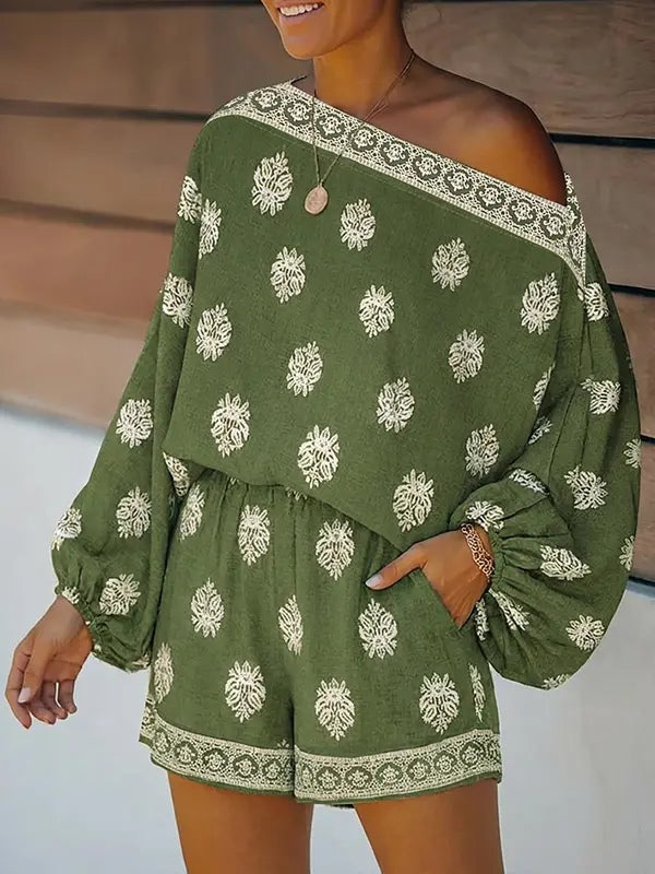 Women's Off-Shoulder Print Romper, Lantern Sleeve Shorts