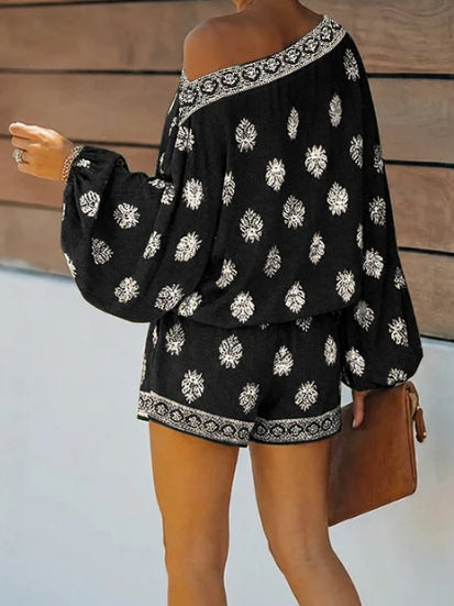 Women's Off-Shoulder Print Romper, Lantern Sleeve Shorts