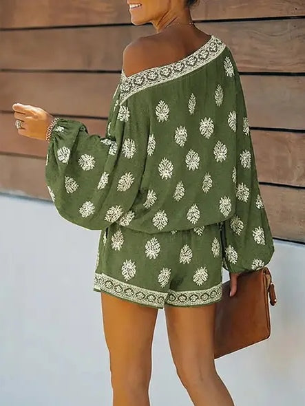 Women's Off-Shoulder Print Romper, Lantern Sleeve Shorts